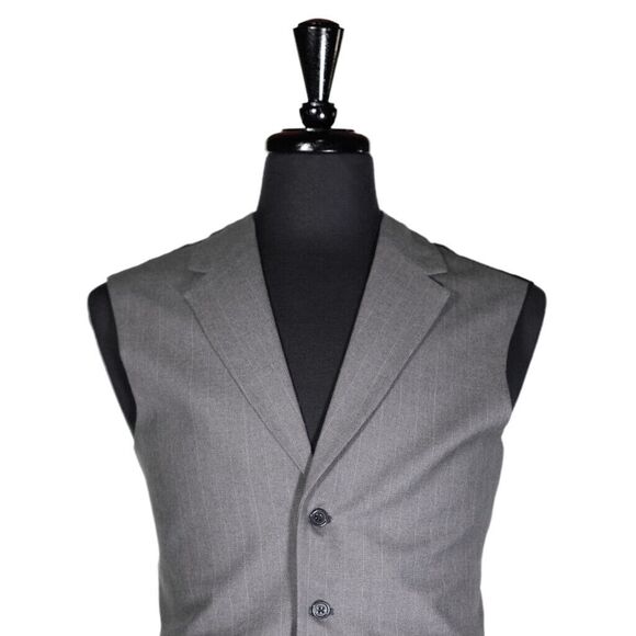 Mens Vest Suit Lapel Gray Striped Wool Dress Formal Wedding Waistcoat Medium 40 - Picture 3 of 8
